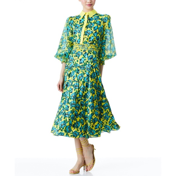 Alice + Olivia Anaya Yellow Multi Floral Collared Midi Dress - Picture 5 of 16